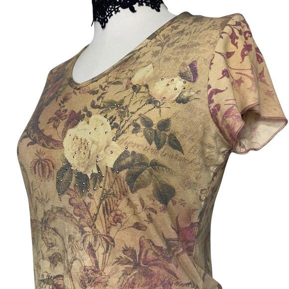 VTG Y2K 90's Xcit U.S.A Floral Rose Bedazzled Baby Tee - Picture 3 of 12